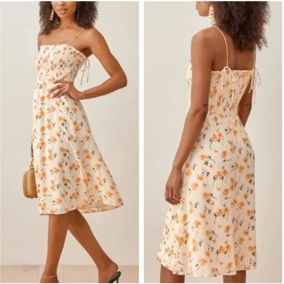 Reformation Dresses & Skirts - Reformation Sable Midi Dress Small Limo Orange Cream Floral Smoking Stretch